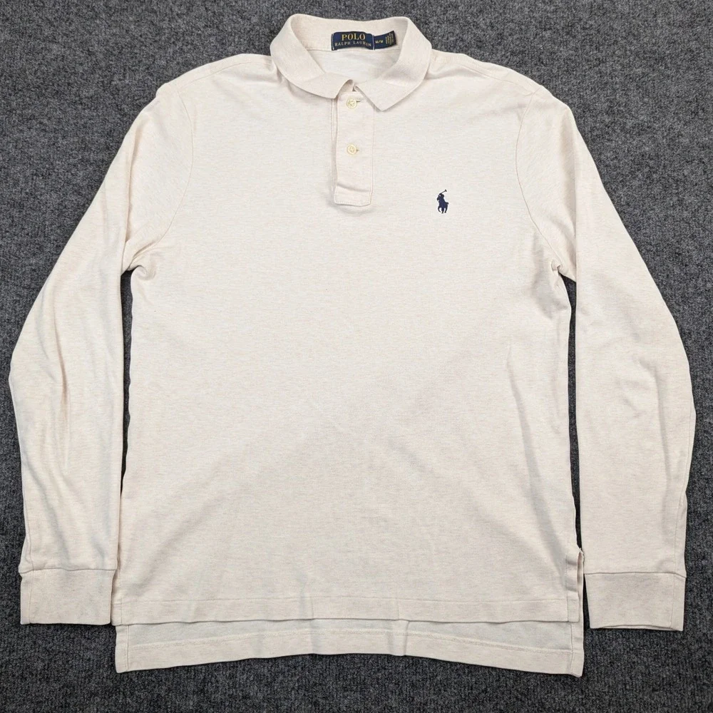 Polo Ralph Lauren Mens Long Sleeve Polo Shirt Cream Heather Cotton Medium